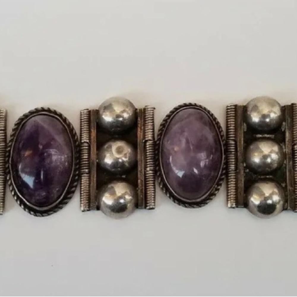Antique/Vintage Mexico Sterling Silver Amethyst Panel Link 7" Bracelet 85 Grams